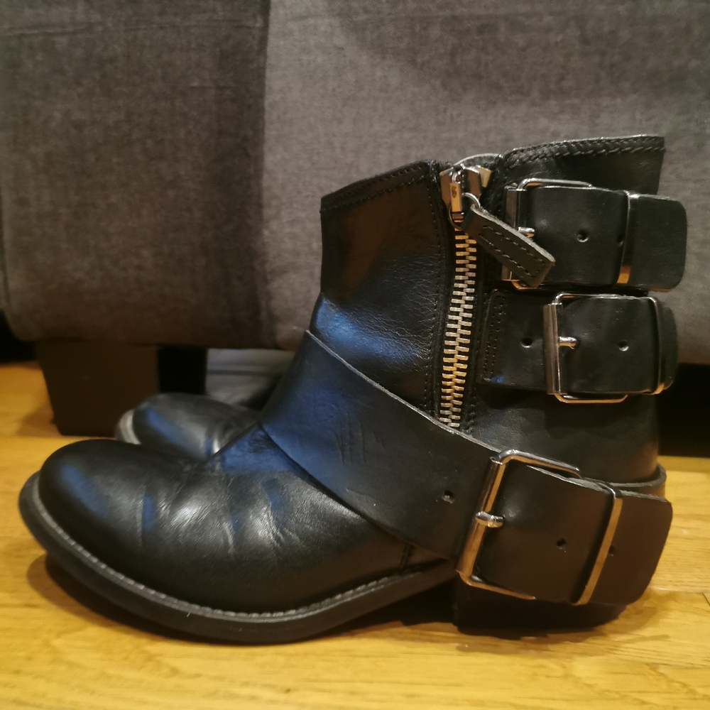 Leather Black Ankle Moto Boots with Buckle